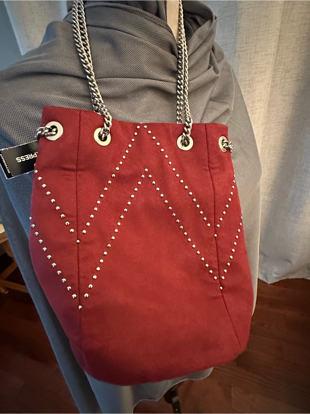 Express Dark Red Suede Mini Shoulder Bag with Silver Chain Straps